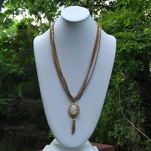 VINTAGE HandCarved Shell Cameo Multi-Chain Tassel Necklace